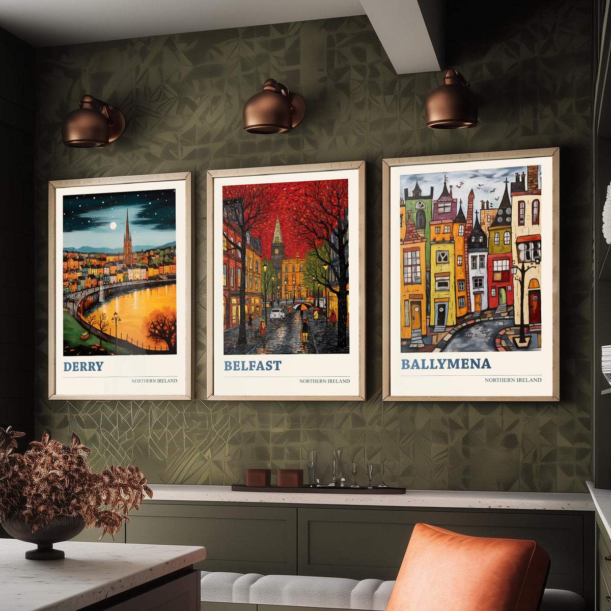 Northern Ireland Set of Three Travel Posters - Derry, Belfast, Ballymena - Ludwig Folk Art Prints - Naive Painting