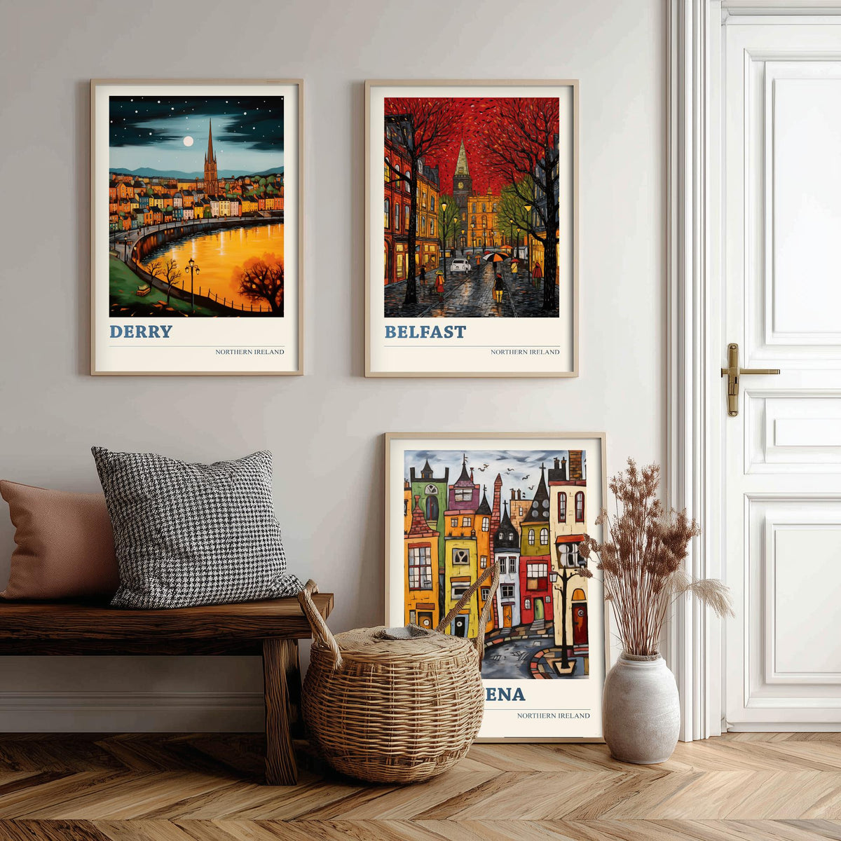 Northern Ireland Set of Three Travel Posters - Derry, Belfast, Ballymena - Ludwig Folk Art Prints - Naive Painting