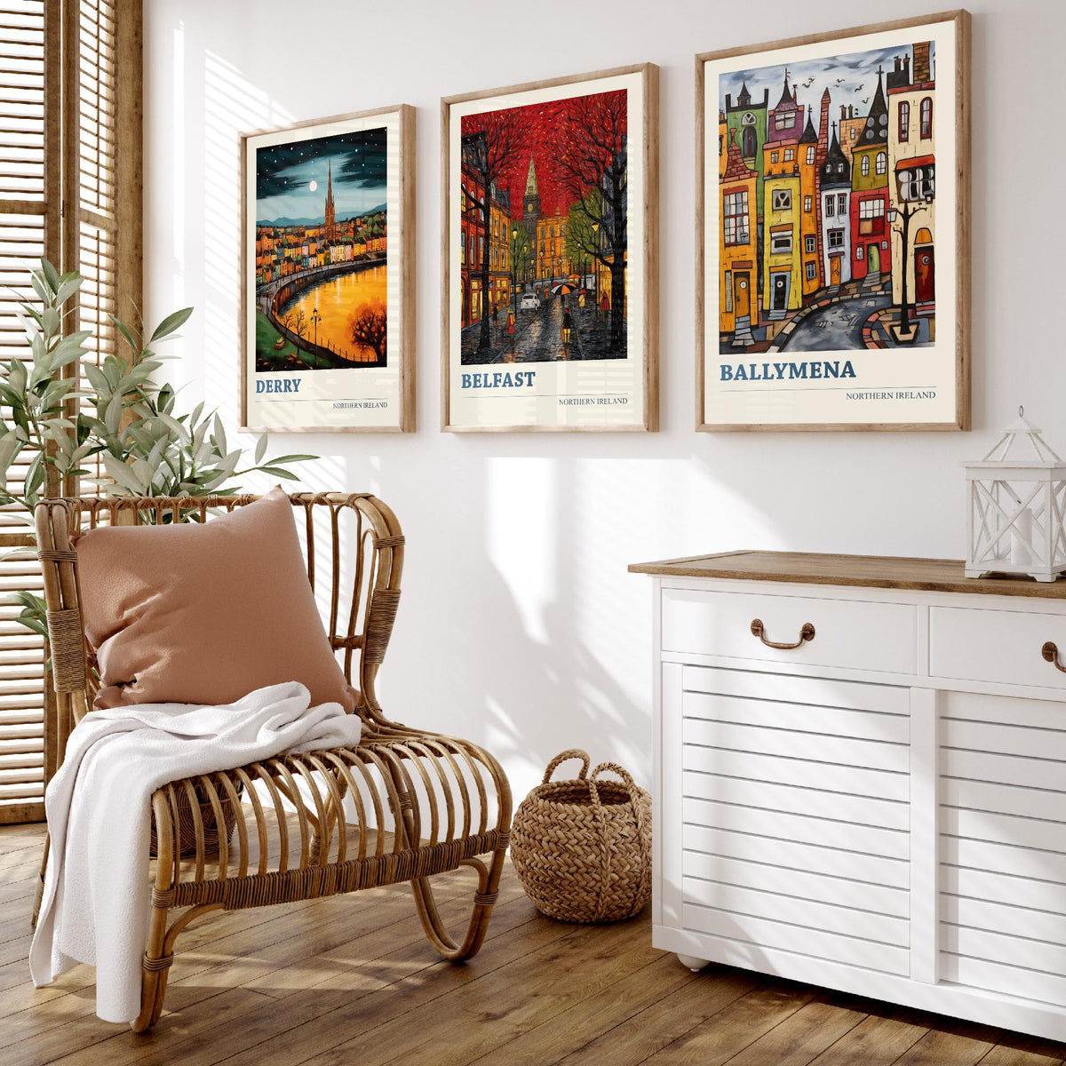 Northern Ireland Set of Three Travel Posters - Derry, Belfast, Ballymena - Ludwig Folk Art Prints - Naive Painting