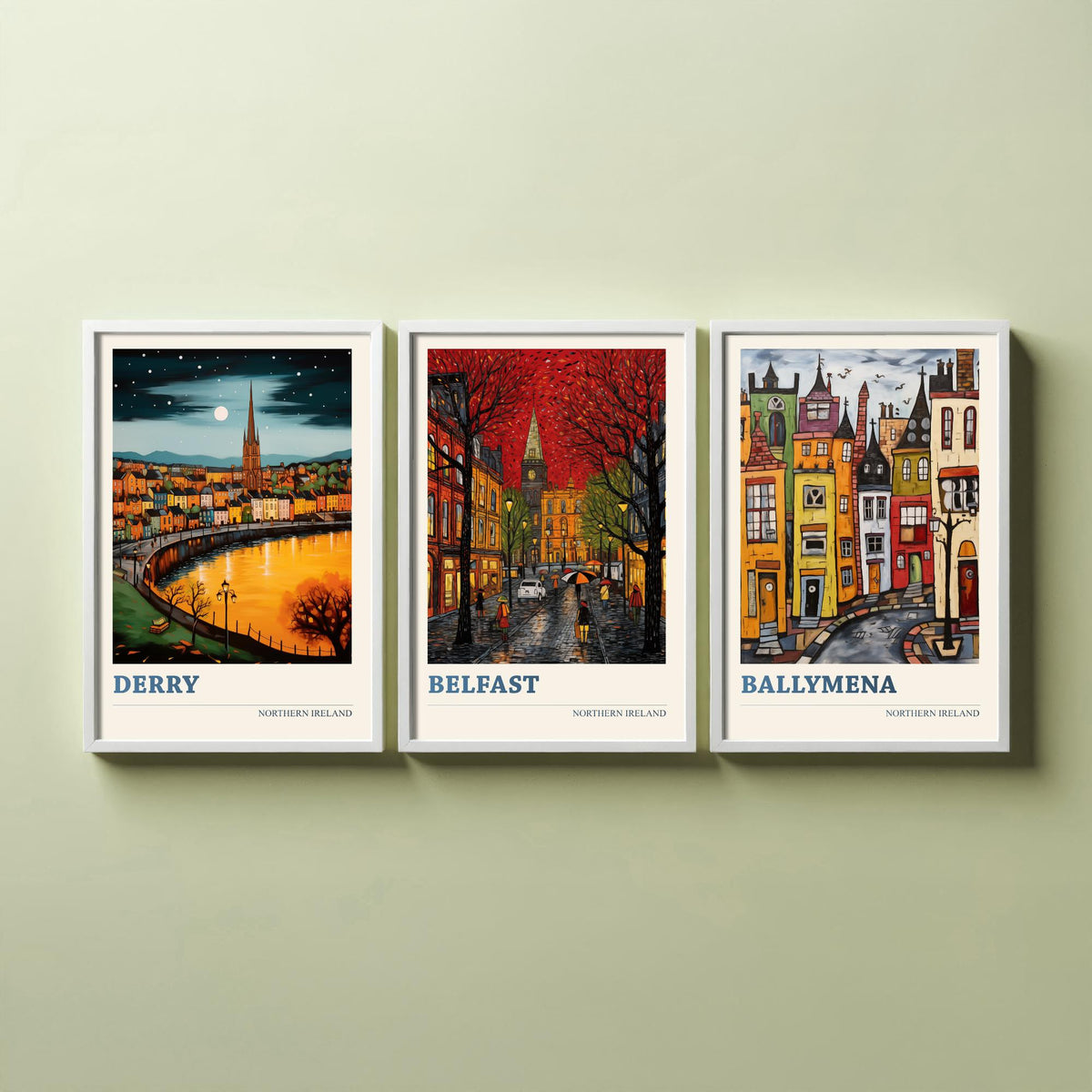 Northern Ireland Set of Three Travel Posters - Derry, Belfast, Ballymena - Ludwig Folk Art Prints - Naive Painting