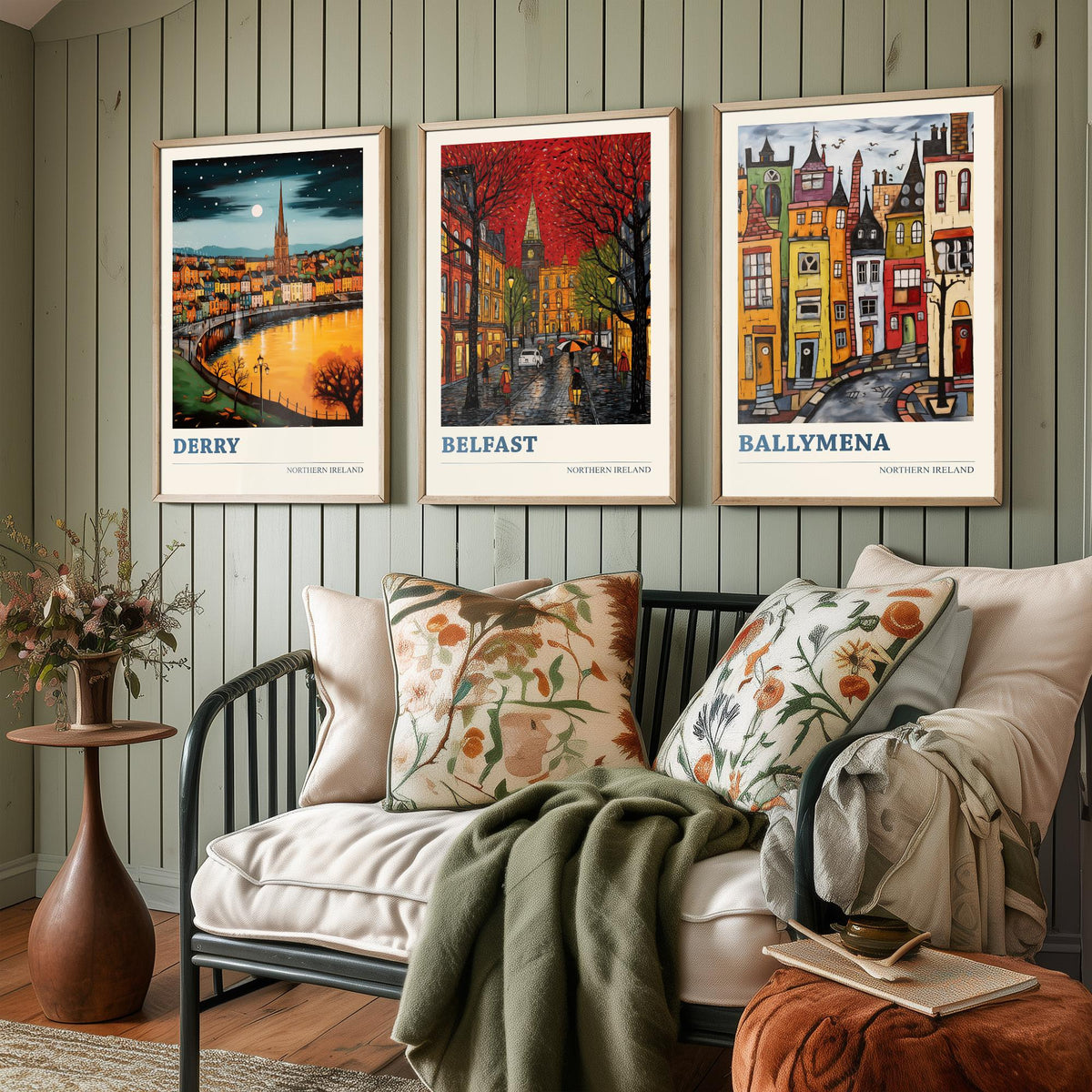 Northern Ireland Set of Three Travel Posters - Derry, Belfast, Ballymena - Ludwig Folk Art Prints - Naive Painting