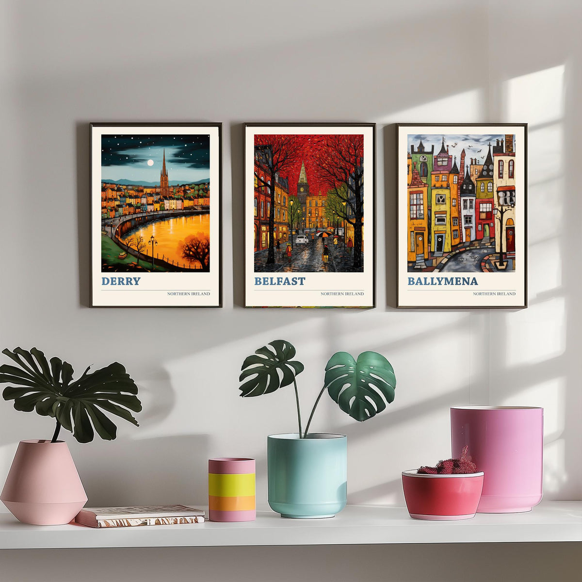 Northern Ireland Set of Three Travel Posters - Derry, Belfast, Ballymena - Ludwig Folk Art Prints - Naive Painting