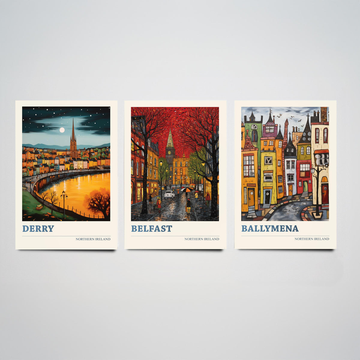 Northern Ireland Set of Three Travel Posters - Derry, Belfast, Ballymena - Ludwig Folk Art Prints - Naive Painting