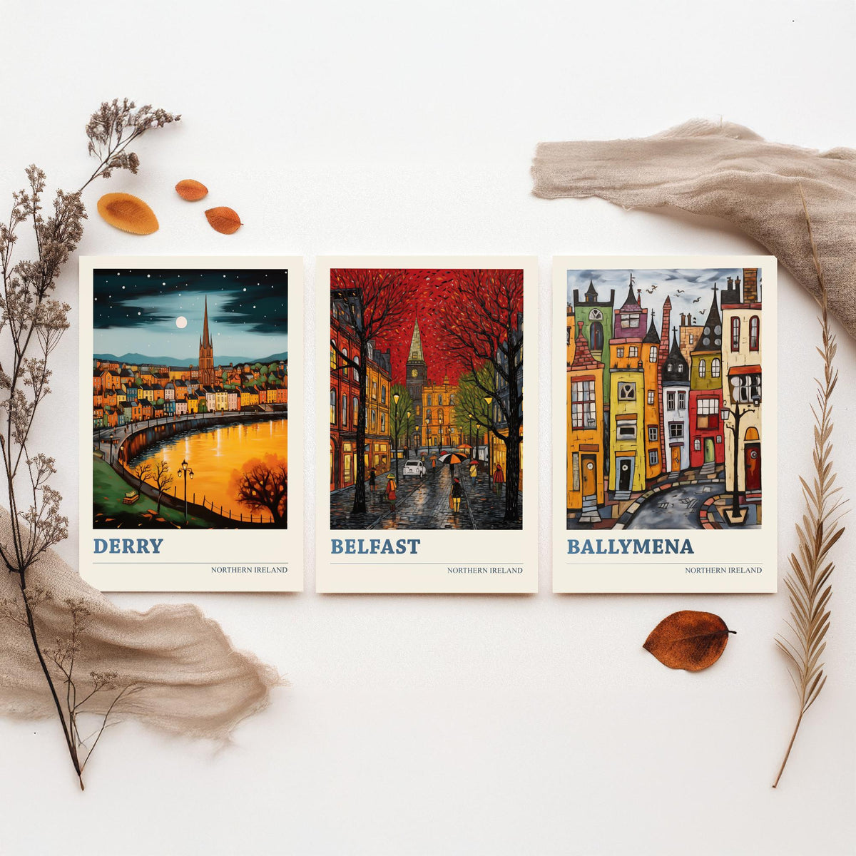 Northern Ireland Set of Three Travel Posters - Derry, Belfast, Ballymena - Ludwig Folk Art Prints - Naive Painting