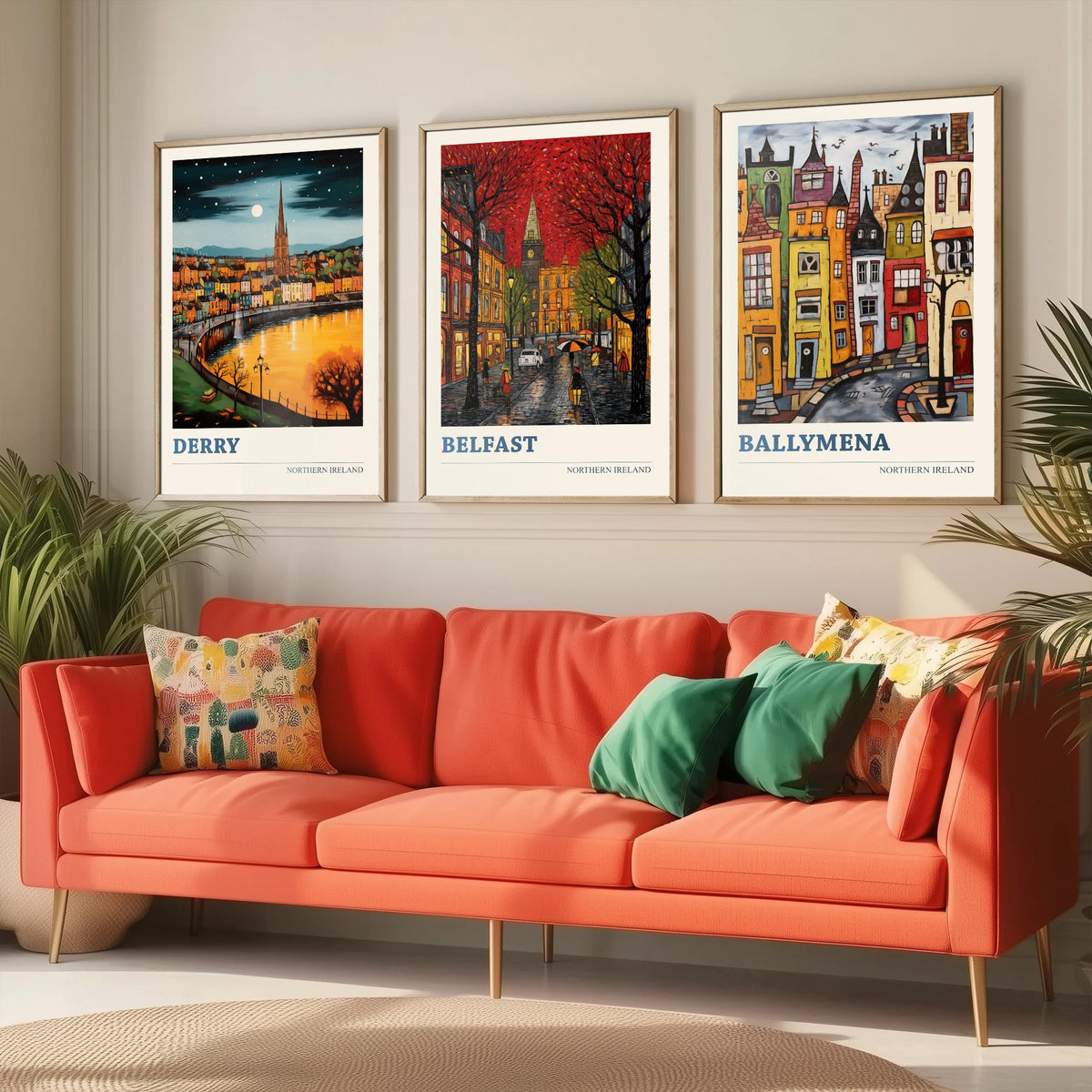 Northern Ireland Set of Three Travel Posters - Derry, Belfast, Ballymena - Ludwig Folk Art Prints - Naive Painting