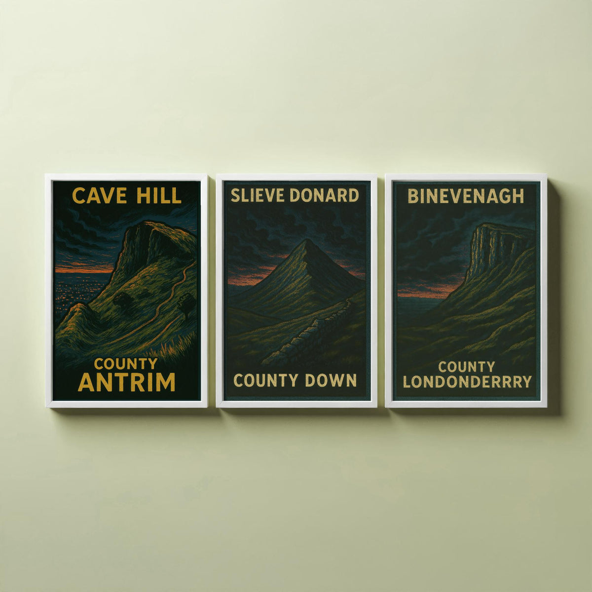 Northern Ireland Mountains Set of Three Prints | Cave Hill Slieve Donard Binevenagh | Moody Woodcut Wall Art Poster Illustration
