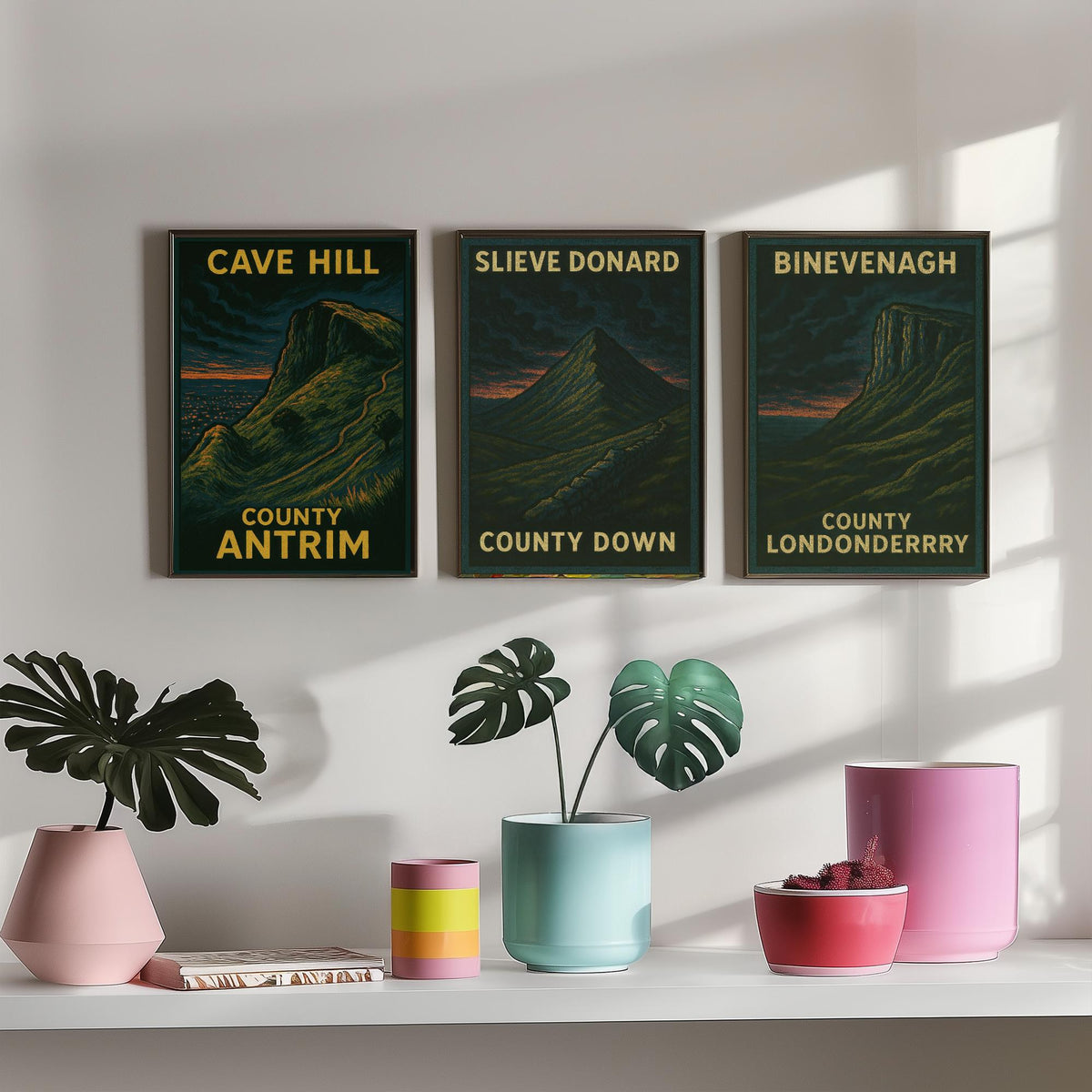 Northern Ireland Mountains Set of Three Prints | Cave Hill Slieve Donard Binevenagh | Moody Woodcut Wall Art Poster Illustration