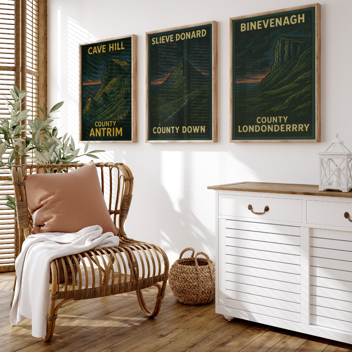 Northern Ireland Mountains Set of Three Prints | Cave Hill Slieve Donard Binevenagh | Moody Woodcut Wall Art Poster Illustration