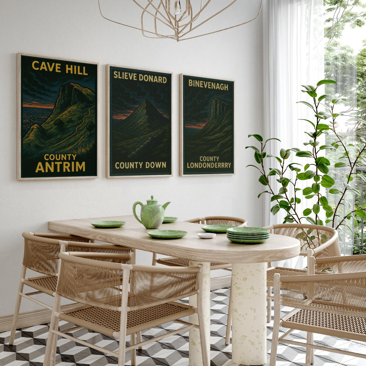 Northern Ireland Mountains Set of Three Prints | Cave Hill Slieve Donard Binevenagh | Moody Woodcut Wall Art Poster Illustration
