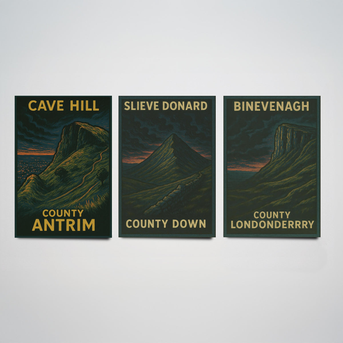 Northern Ireland Mountains Set of Three Prints | Cave Hill Slieve Donard Binevenagh | Moody Woodcut Wall Art Poster Illustration