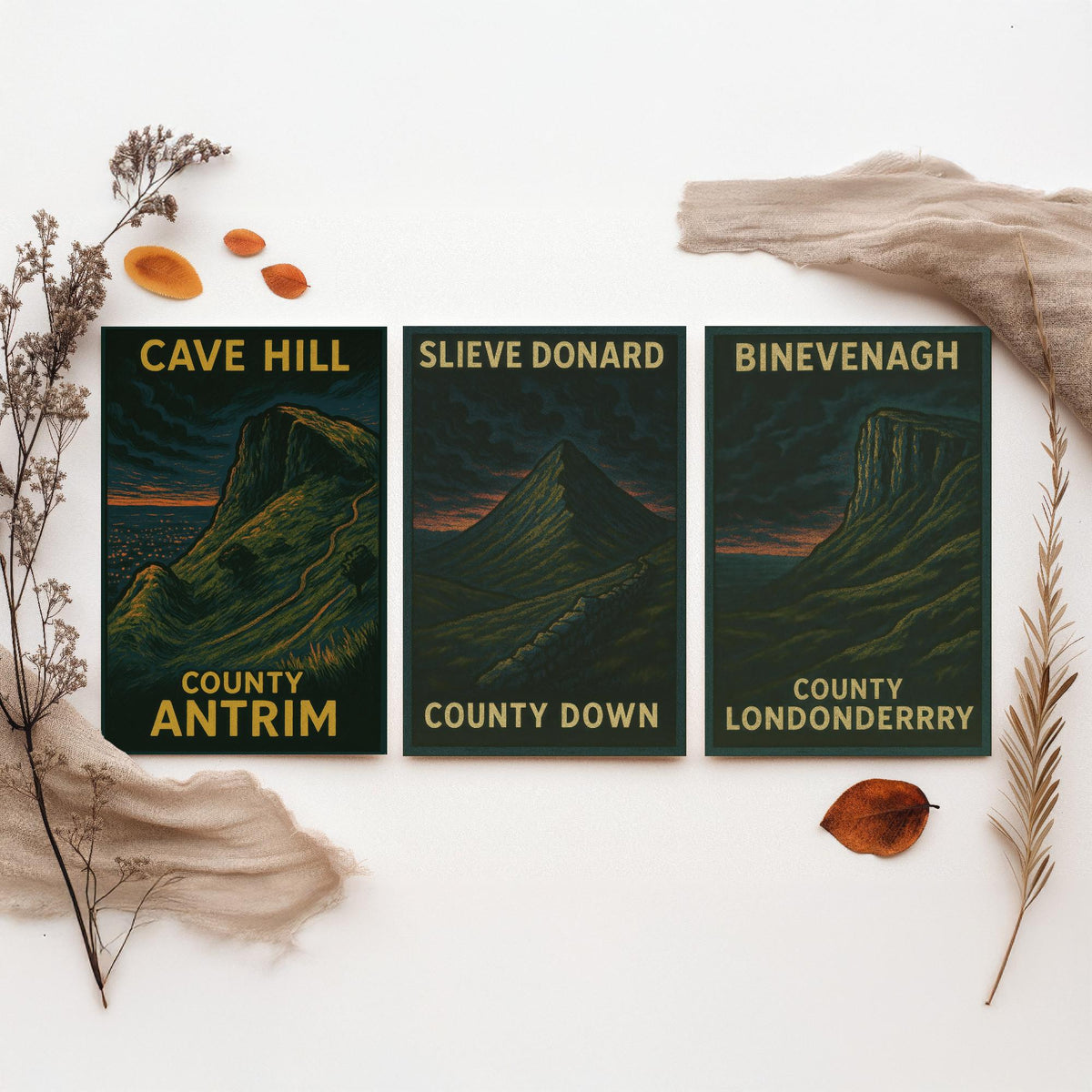 Northern Ireland Mountains Set of Three Prints | Cave Hill Slieve Donard Binevenagh | Moody Woodcut Wall Art Poster Illustration