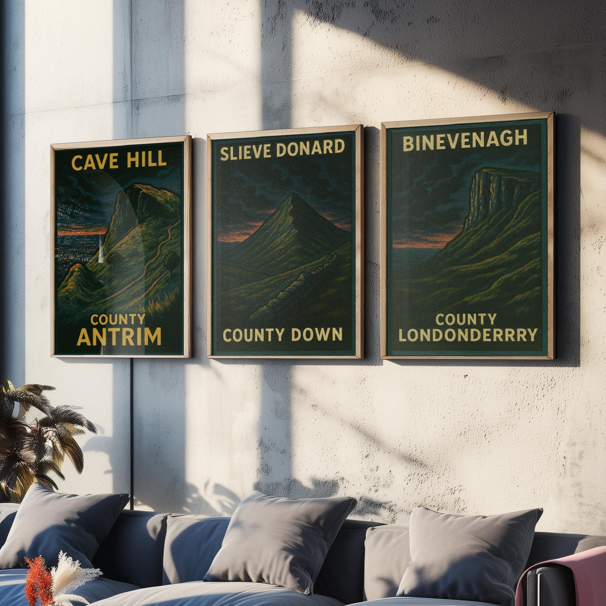Northern Ireland Mountains Set of Three Prints | Cave Hill Slieve Donard Binevenagh | Moody Woodcut Wall Art Poster Illustration