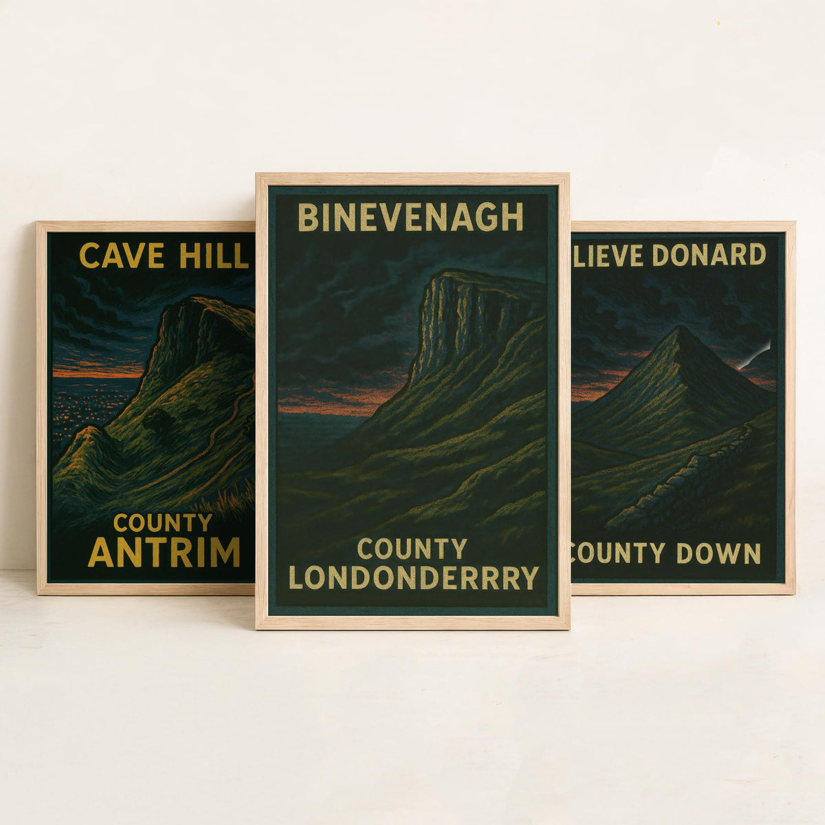 Northern Ireland Mountains Set of Three Prints | Cave Hill Slieve Donard Binevenagh | Moody Woodcut Wall Art Poster Illustration
