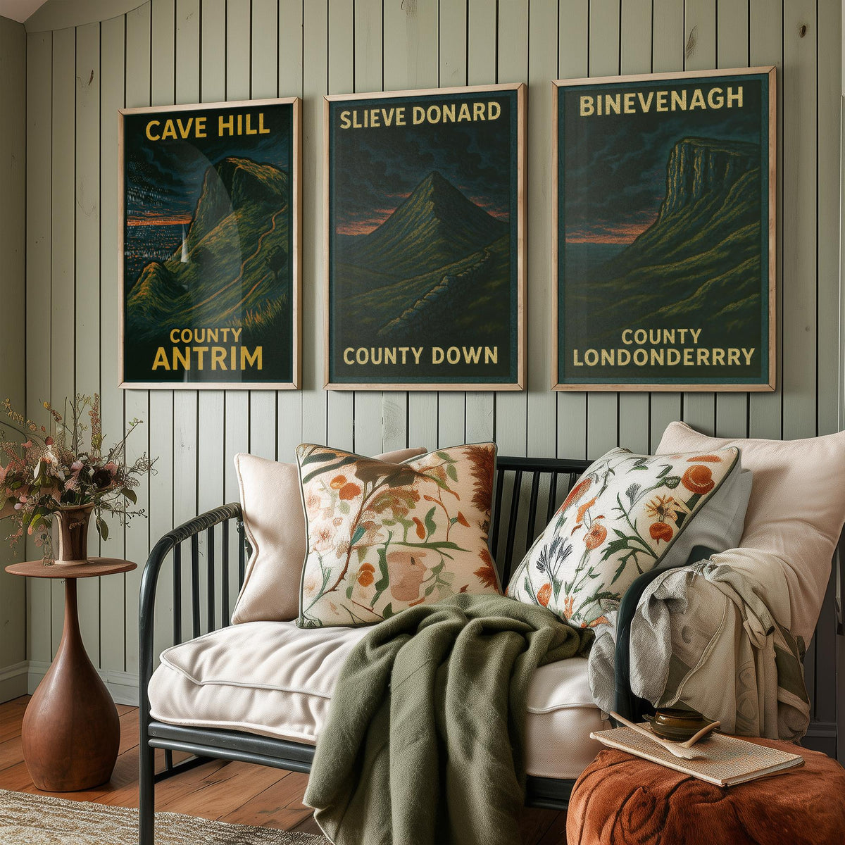 Northern Ireland Mountains Set of Three Prints | Cave Hill Slieve Donard Binevenagh | Moody Woodcut Wall Art Poster Illustration