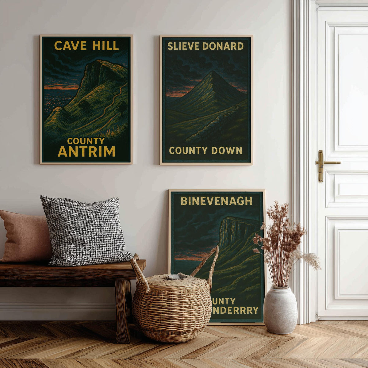 Northern Ireland Mountains Set of Three Prints | Cave Hill Slieve Donard Binevenagh | Moody Woodcut Wall Art Poster Illustration