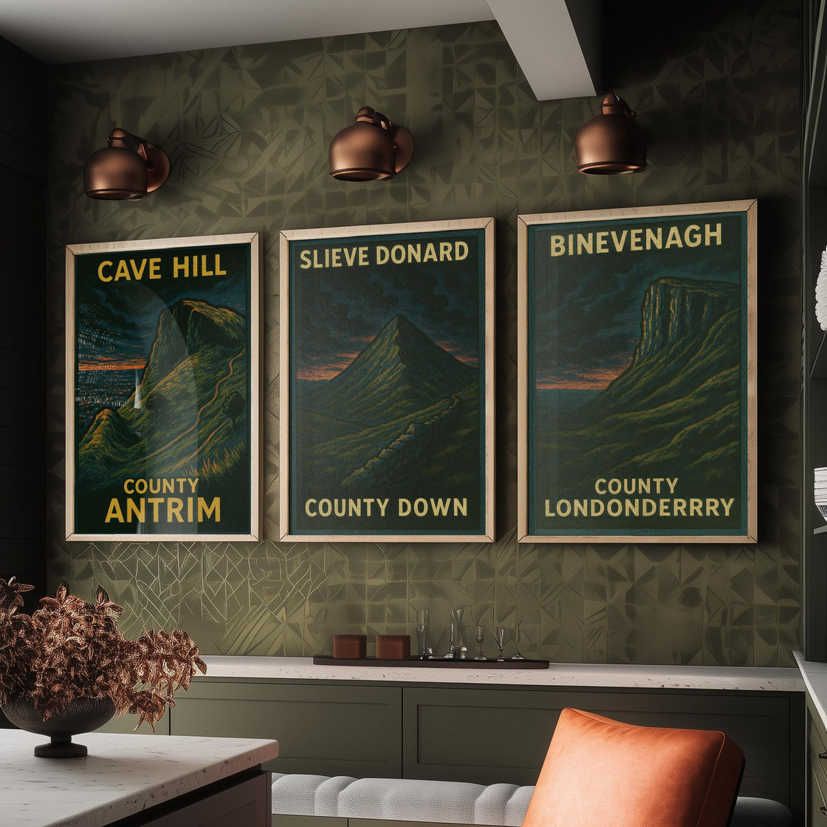 Northern Ireland Mountains Set of Three Prints | Cave Hill Slieve Donard Binevenagh | Moody Woodcut Wall Art Poster Illustration