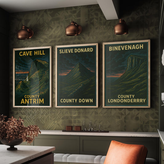 Northern Ireland Mountains Set of Three Prints | Cave Hill Slieve Donard Binevenagh | Moody Woodcut Wall Art Poster Illustration