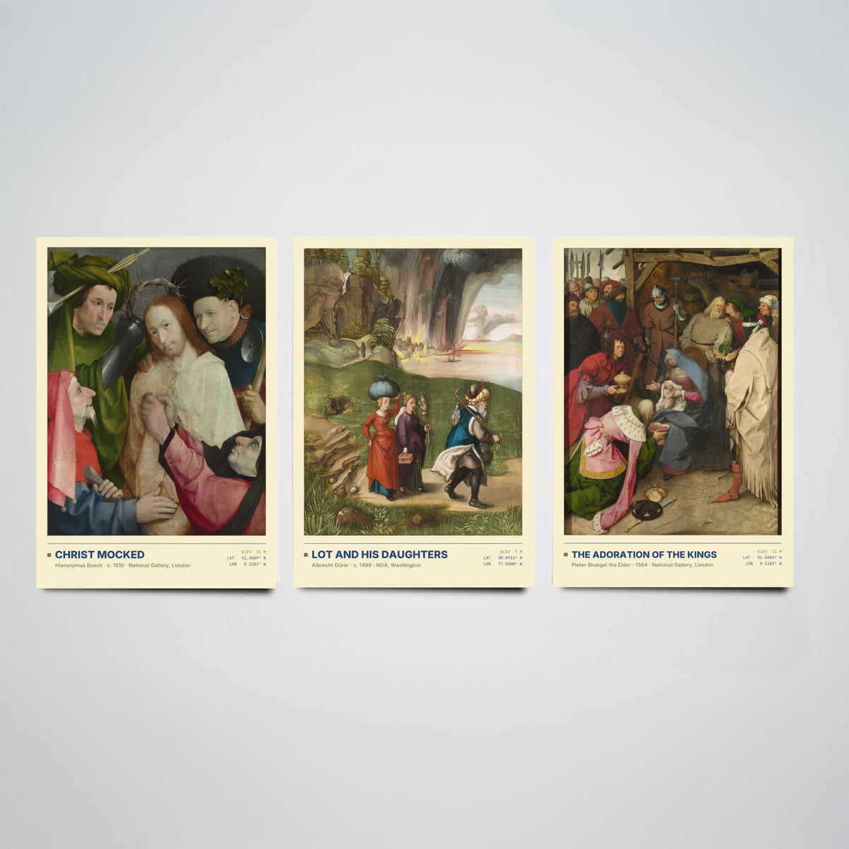 Northern Renaissance Set of Three Art Prints - Christ Mocked, Lot and His Daughters, The Adoration of the Kings - Painting Posters