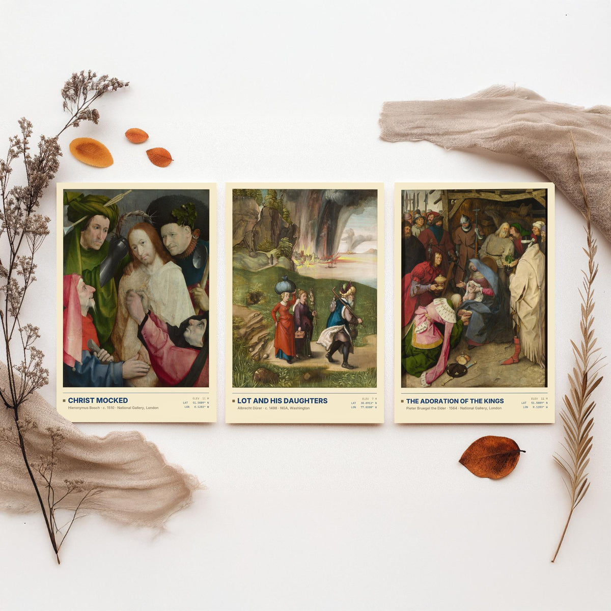 Northern Renaissance Set of Three Art Prints - Christ Mocked, Lot and His Daughters, The Adoration of the Kings - Painting Posters