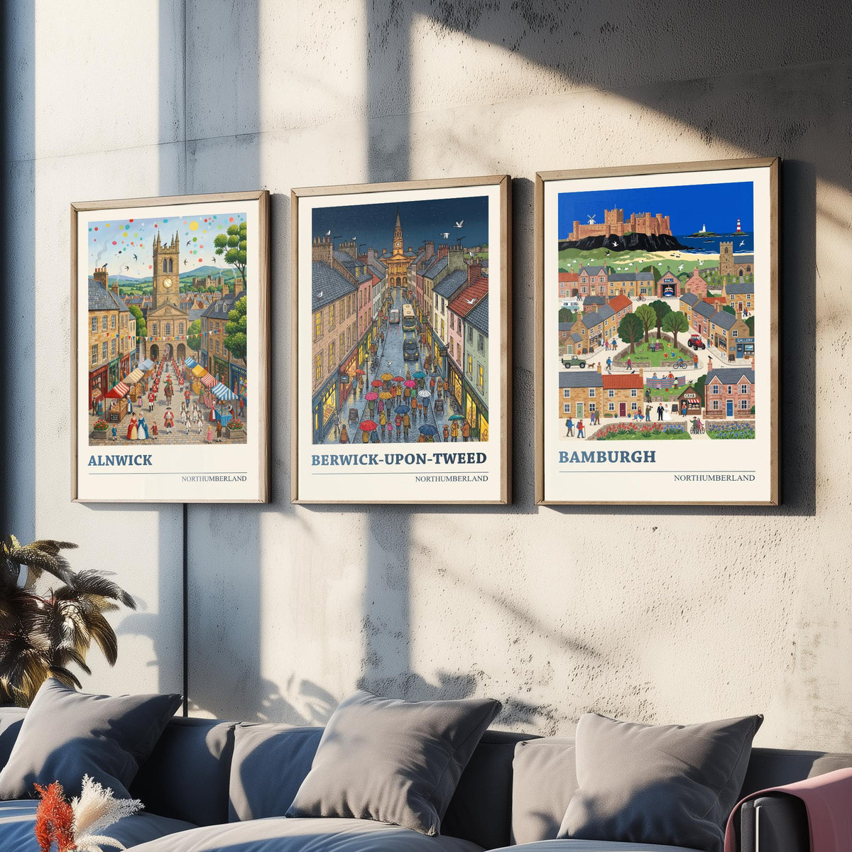 Northumberland Set of Three Art Prints - Alnwick, Berwick-upon-Tweed, Bamburgh - 3 Folk Illustration Travel Posters - Northumbrian Painting