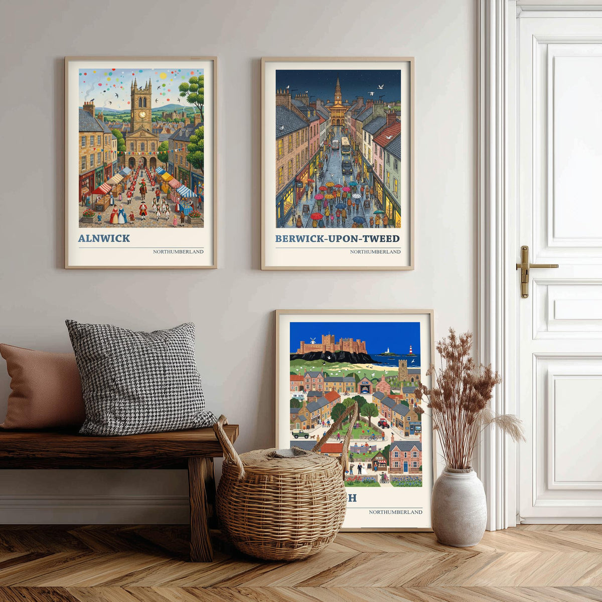 Northumberland Set of Three Art Prints - Alnwick, Berwick-upon-Tweed, Bamburgh - 3 Folk Illustration Travel Posters - Northumbrian Painting