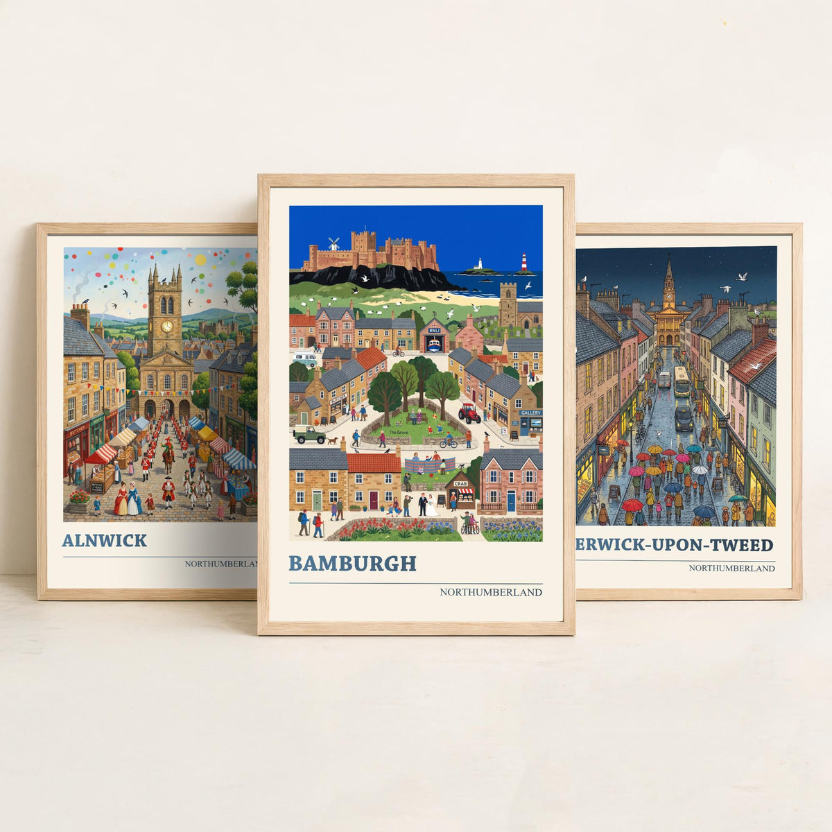 Northumberland Set of Three Art Prints - Alnwick, Berwick-upon-Tweed, Bamburgh - 3 Folk Illustration Travel Posters - Northumbrian Painting