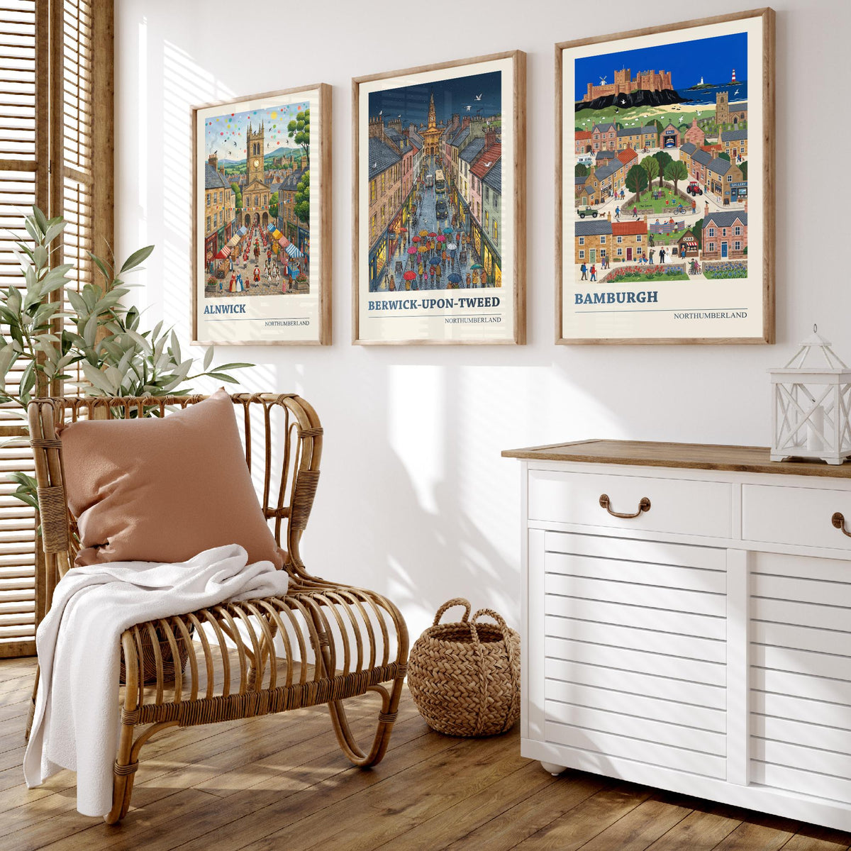 Northumberland Set of Three Art Prints - Alnwick, Berwick-upon-Tweed, Bamburgh - 3 Folk Illustration Travel Posters - Northumbrian Painting