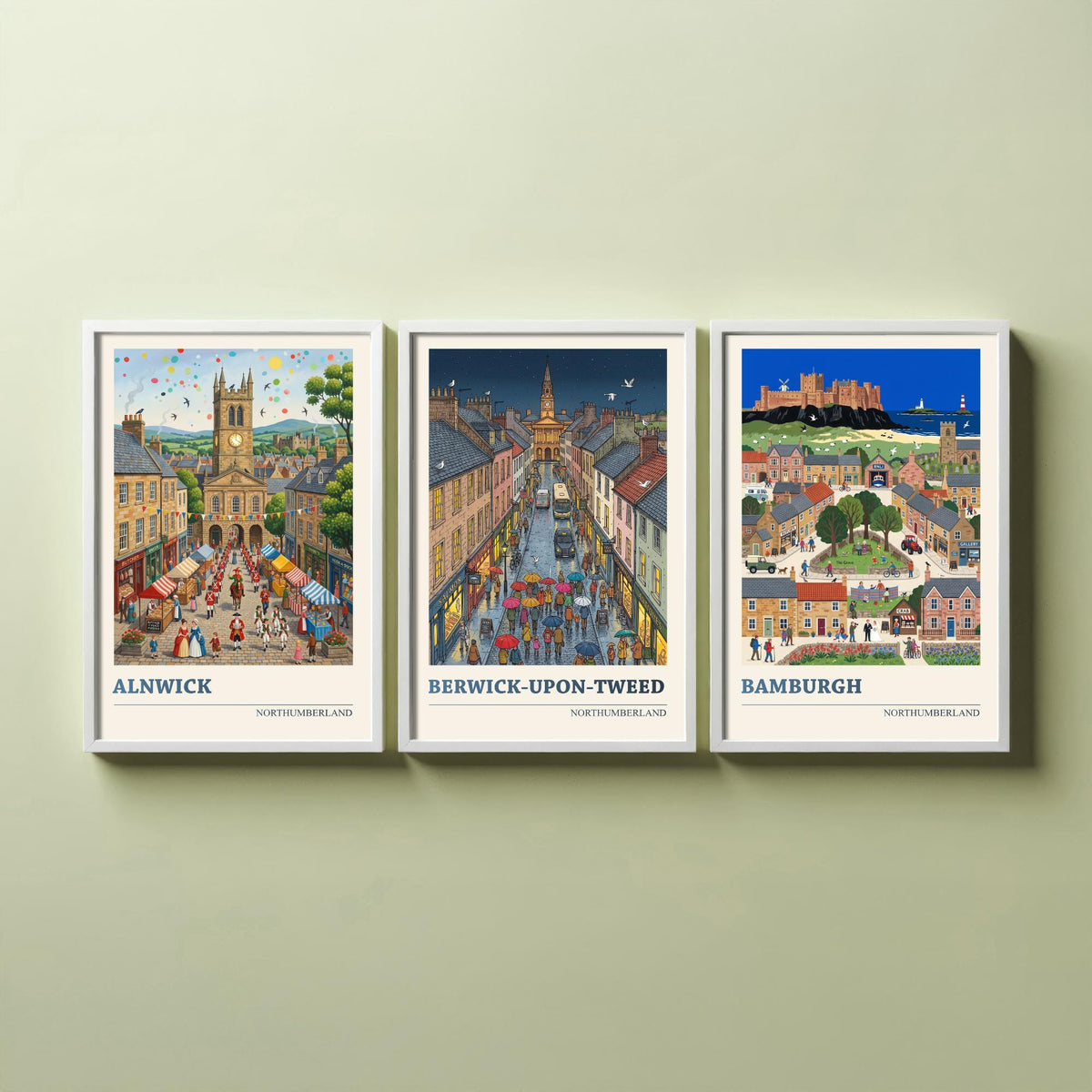 Northumberland Set of Three Art Prints - Alnwick, Berwick-upon-Tweed, Bamburgh - 3 Folk Illustration Travel Posters - Northumbrian Painting