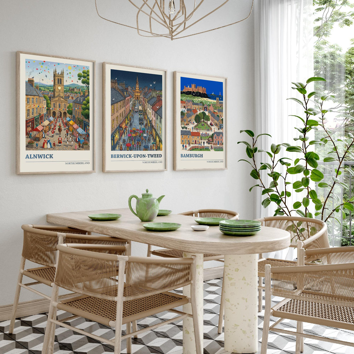 Northumberland Set of Three Art Prints - Alnwick, Berwick-upon-Tweed, Bamburgh - 3 Folk Illustration Travel Posters - Northumbrian Painting