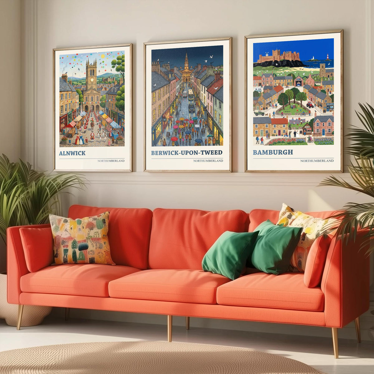 Northumberland Set of Three Art Prints - Alnwick, Berwick-upon-Tweed, Bamburgh - 3 Folk Illustration Travel Posters - Northumbrian Painting