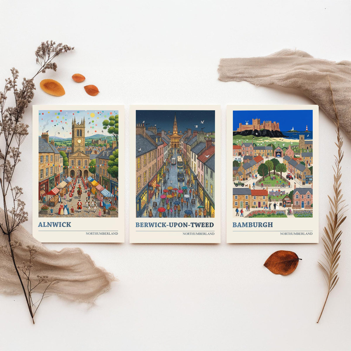 Northumberland Set of Three Art Prints - Alnwick, Berwick-upon-Tweed, Bamburgh - 3 Folk Illustration Travel Posters - Northumbrian Painting