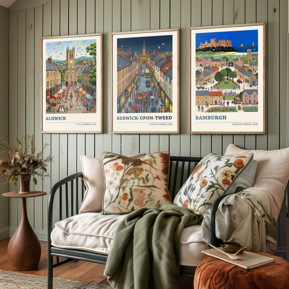 Northumberland Set of Three Art Prints - Alnwick, Berwick-upon-Tweed, Bamburgh - 3 Folk Illustration Travel Posters - Northumbrian Painting