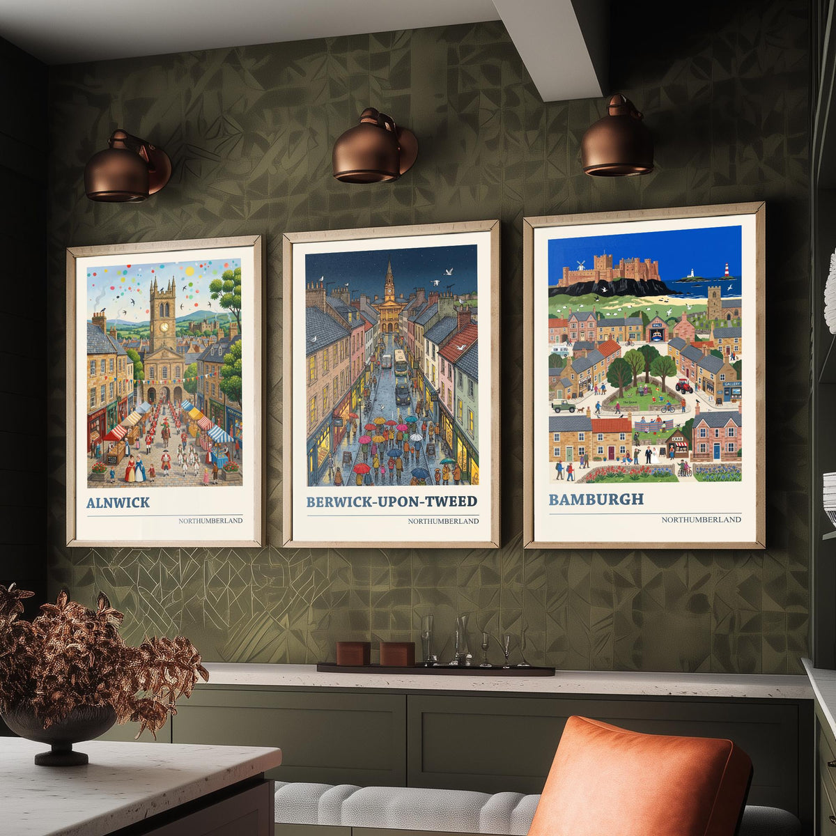 Northumberland Set of Three Art Prints - Alnwick, Berwick-upon-Tweed, Bamburgh - 3 Folk Illustration Travel Posters - Northumbrian Painting