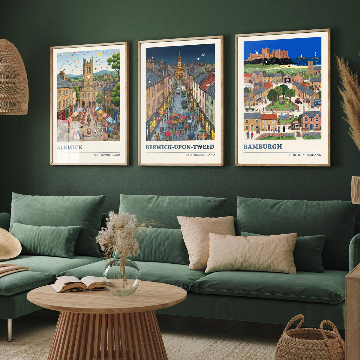 Northumberland Set of Three Art Prints - Alnwick, Berwick-upon-Tweed, Bamburgh - 3 Folk Illustration Travel Posters - Northumbrian Painting