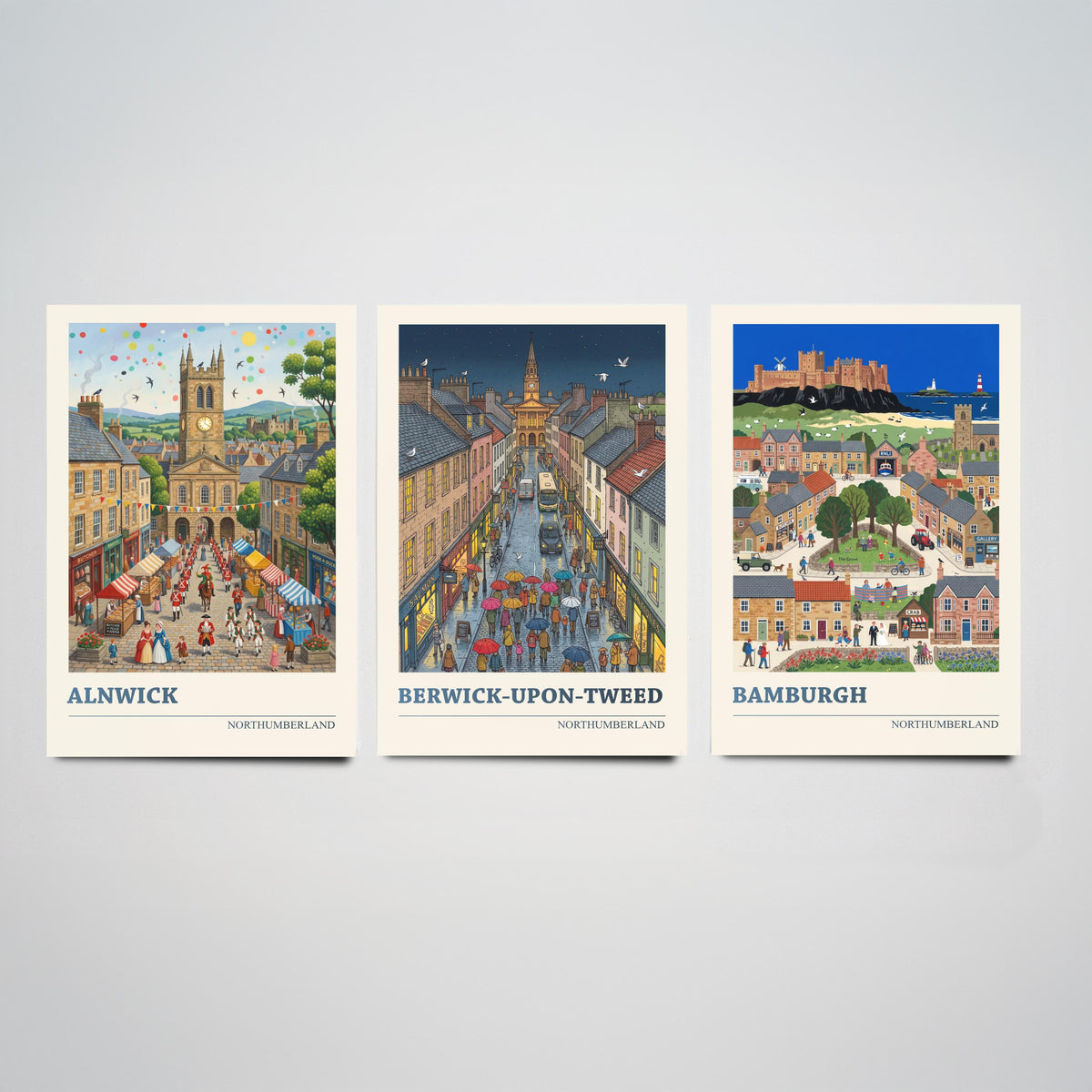 Northumberland Set of Three Art Prints - Alnwick, Berwick-upon-Tweed, Bamburgh - 3 Folk Illustration Travel Posters - Northumbrian Painting