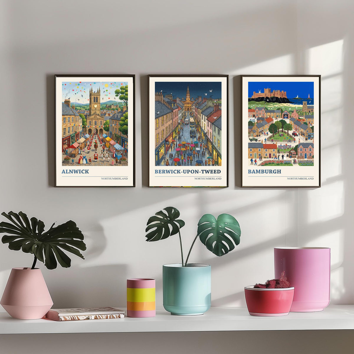 Northumberland Set of Three Art Prints - Alnwick, Berwick-upon-Tweed, Bamburgh - 3 Folk Illustration Travel Posters - Northumbrian Painting