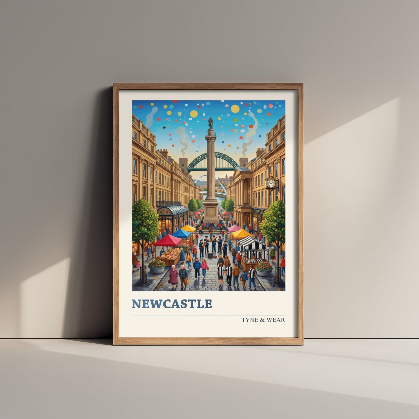 Newcastle upon Tyne Travel Poster - Greys Monument Art Print - Tyne Bridge Folk Illustration - Grainger Town Market 1/3