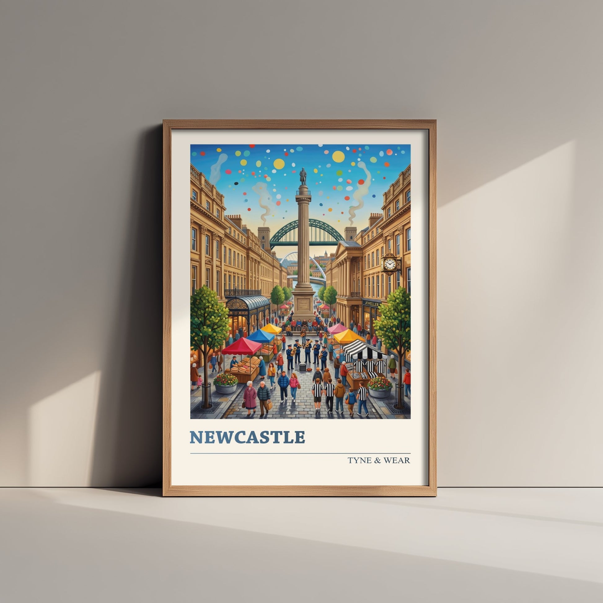 Newcastle upon Tyne Travel Poster - Greys Monument Art Print - Tyne Bridge Folk Illustration - Grainger Town Market 1/3
