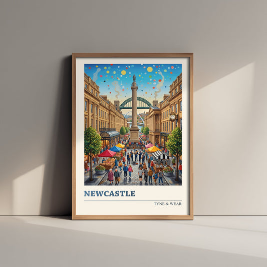 Newcastle upon Tyne Travel Poster - Greys Monument Art Print - Tyne Bridge Folk Illustration - Grainger Town Market 1/3