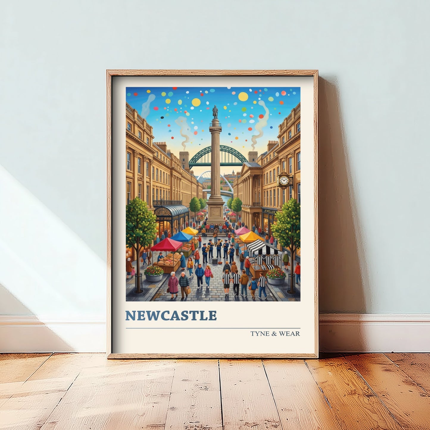 Newcastle upon Tyne Travel Poster - Greys Monument Art Print - Tyne Bridge Folk Illustration - Grainger Town Market 1/3
