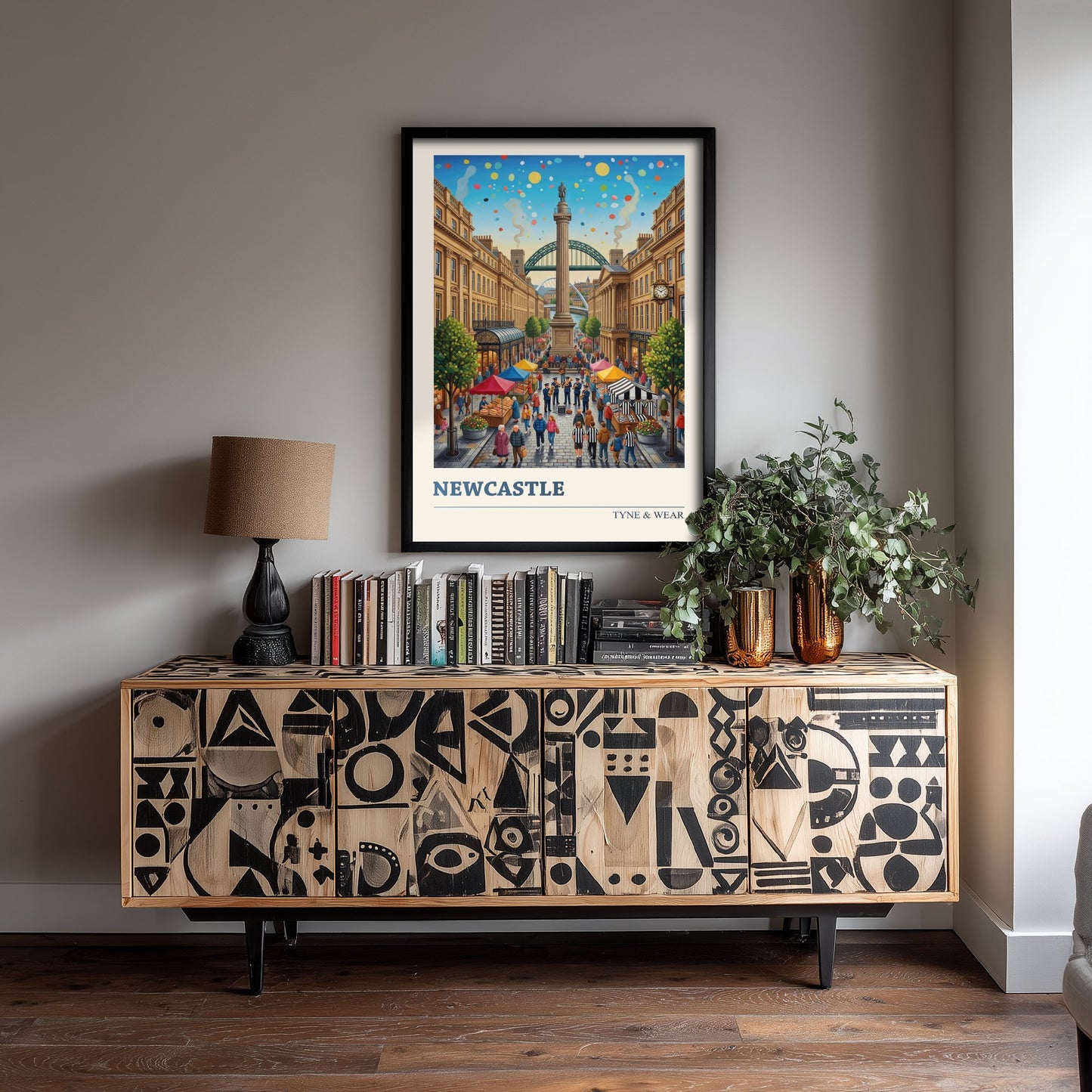Newcastle upon Tyne Travel Poster - Greys Monument Art Print - Tyne Bridge Folk Illustration - Grainger Town Market 1/3