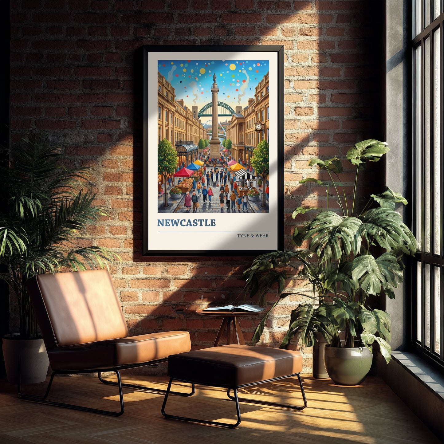 Newcastle upon Tyne Travel Poster - Greys Monument Art Print - Tyne Bridge Folk Illustration - Grainger Town Market 1/3
