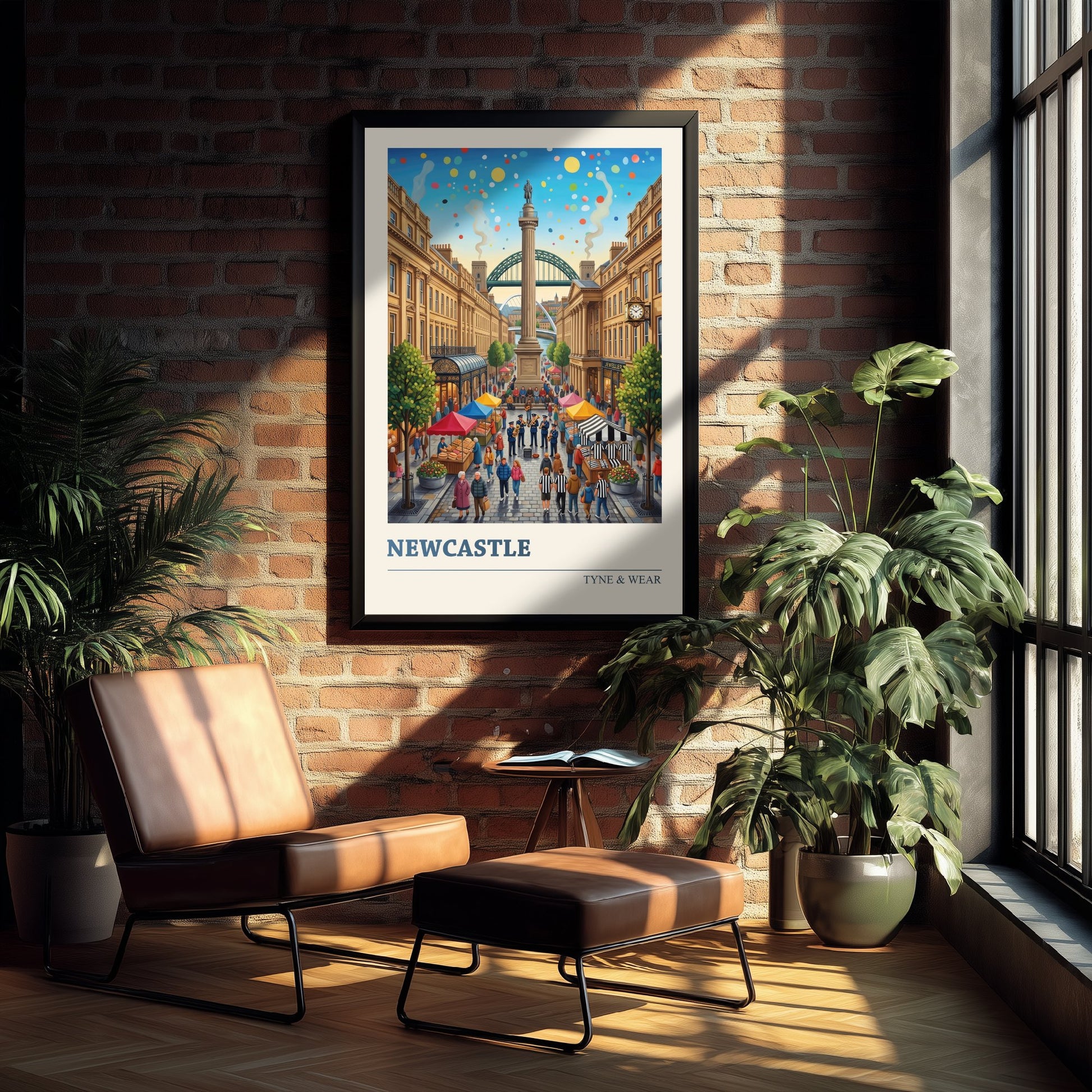 Newcastle upon Tyne Travel Poster - Greys Monument Art Print - Tyne Bridge Folk Illustration - Grainger Town Market 1/3