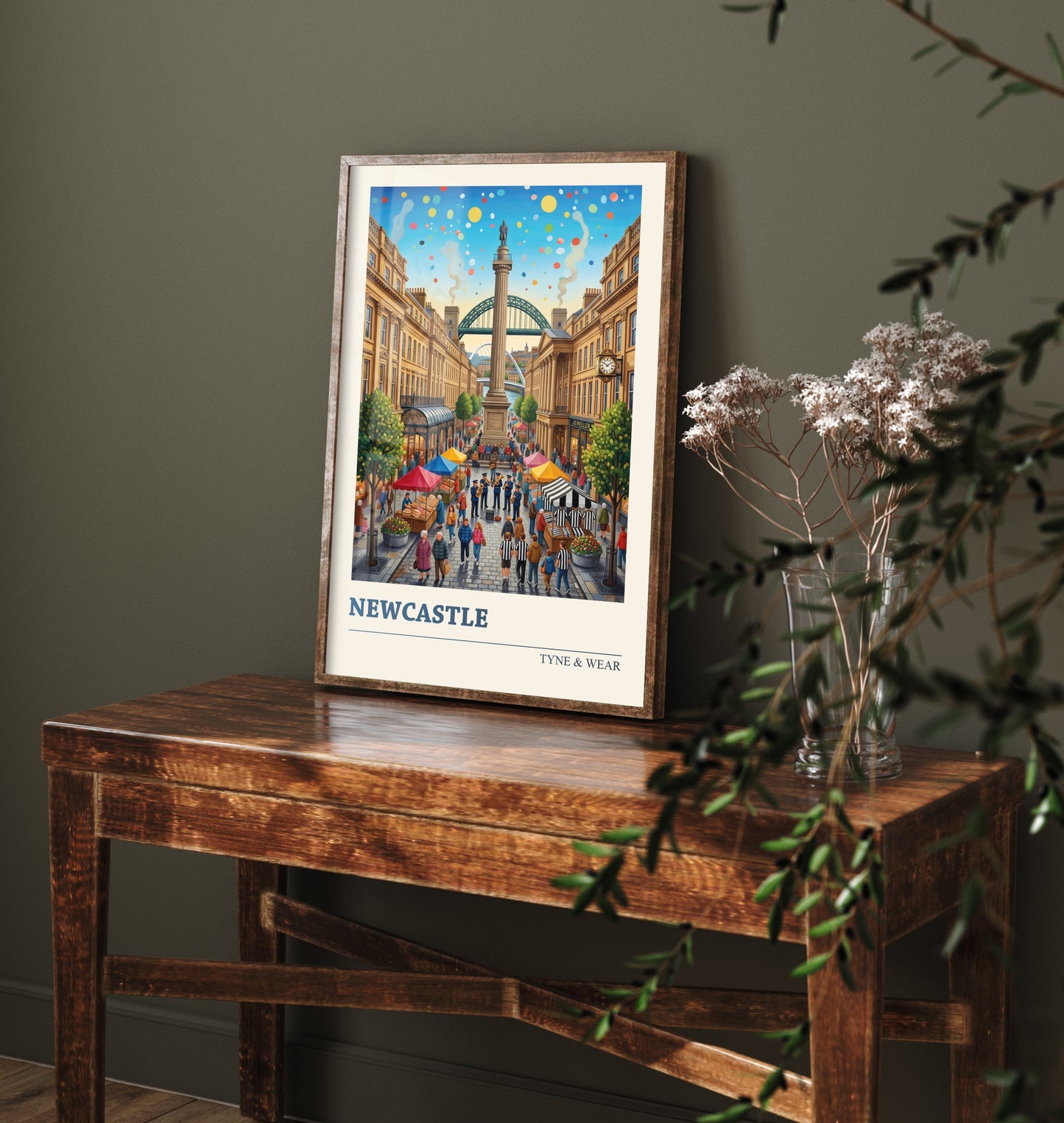 Newcastle upon Tyne Travel Poster - Greys Monument Art Print - Tyne Bridge Folk Illustration - Grainger Town Market 1/3