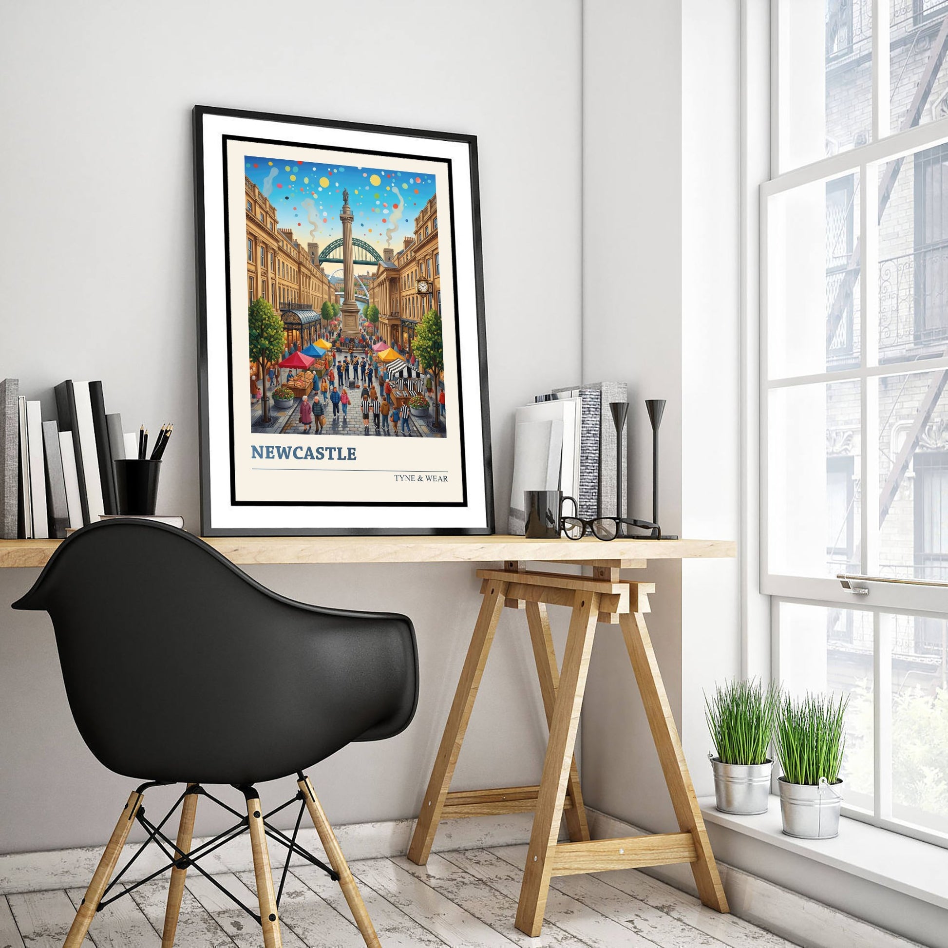 Newcastle upon Tyne Travel Poster - Greys Monument Art Print - Tyne Bridge Folk Illustration - Grainger Town Market 1/3