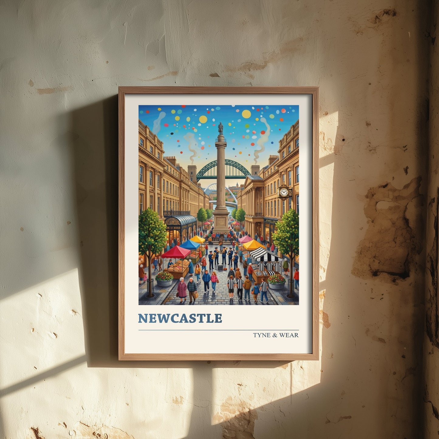 Newcastle upon Tyne Travel Poster - Greys Monument Art Print - Tyne Bridge Folk Illustration - Grainger Town Market 1/3