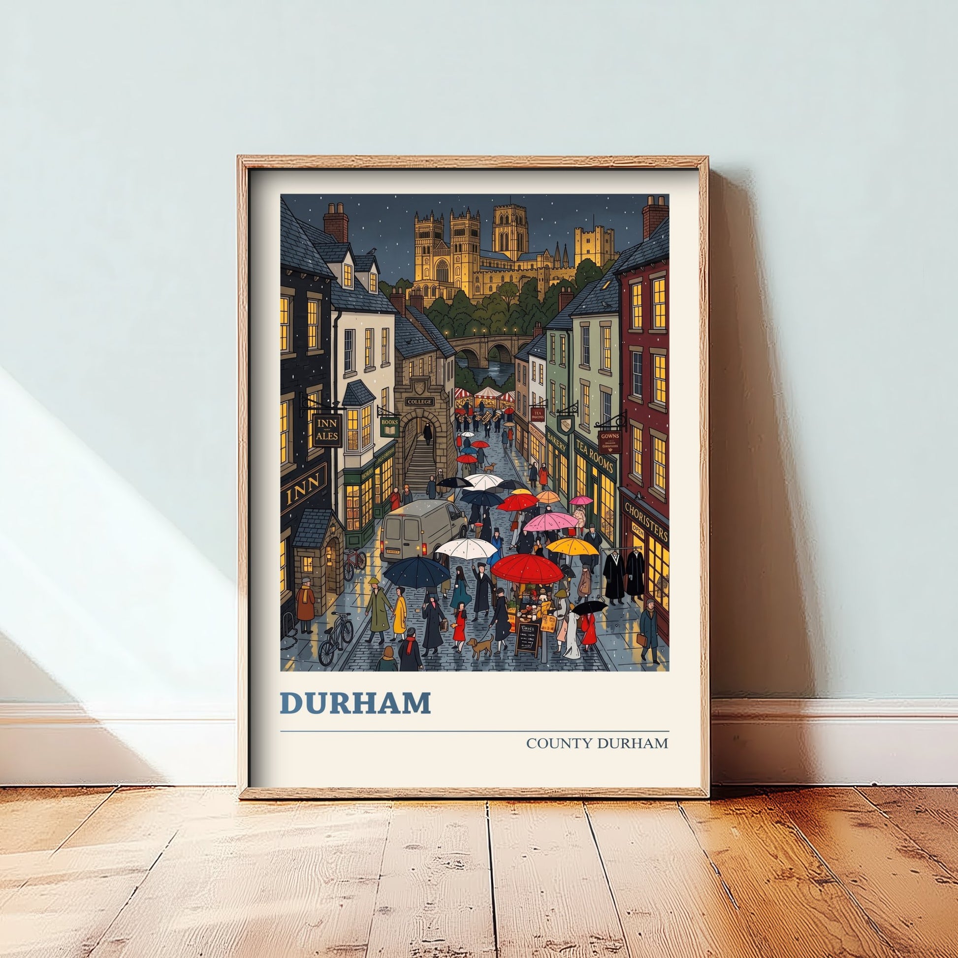 Durham City Travel Poster - Cathedral and Castle Art Print - Rainy Cobbled Street Folk Illustration - County Durham 2/3