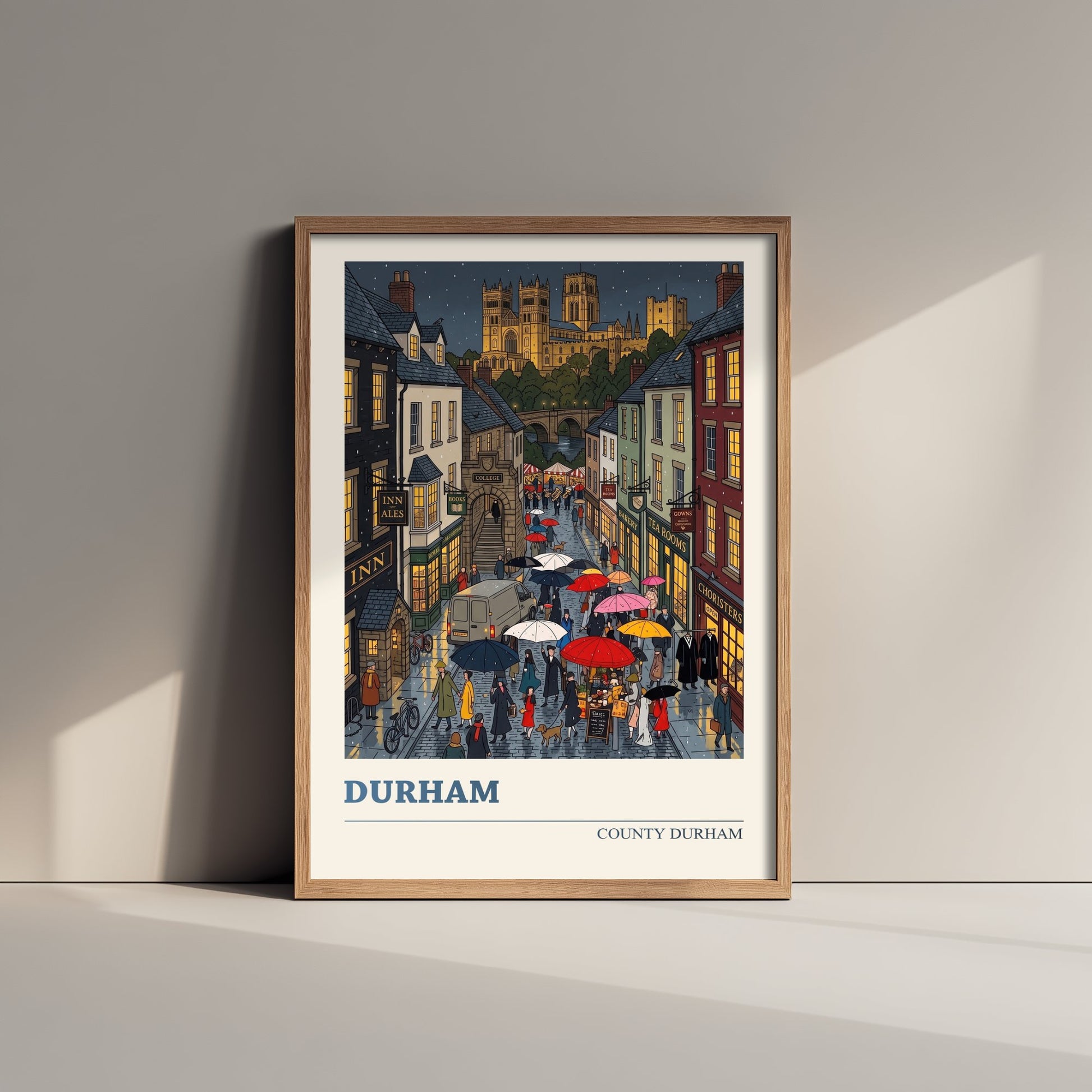 Durham City Travel Poster - Cathedral and Castle Art Print - Rainy Cobbled Street Folk Illustration - County Durham 2/3