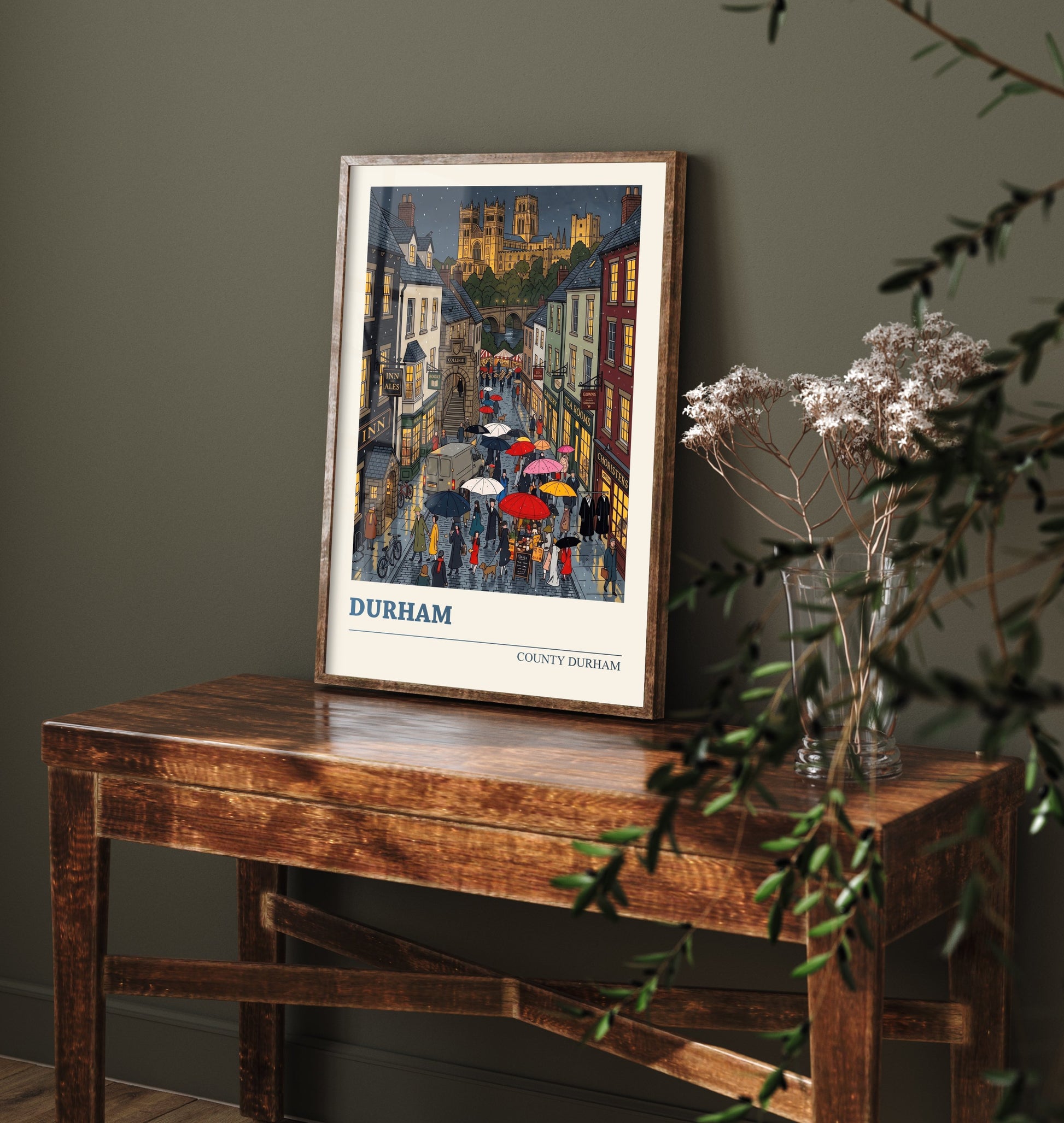 Durham City Travel Poster - Cathedral and Castle Art Print - Rainy Cobbled Street Folk Illustration - County Durham 2/3
