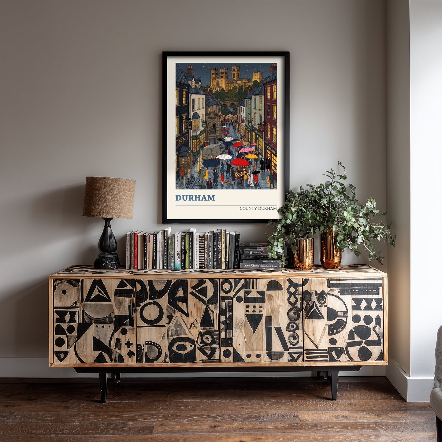 Durham City Travel Poster - Cathedral and Castle Art Print - Rainy Cobbled Street Folk Illustration - County Durham 2/3